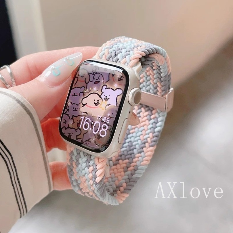 ไนลอนหัวเข็มขัดแม่เหล็กถัก Solo Loop สําหรับ Apple Watch Ultra2 49 มม. 9 8 7 41 มม. 42 มม. 45 มม. 6 5 4 SE 3 44 มม.40 มม.38 มม.ยืดหยุ่นสําหรับ iWatch สร้อยข้อมือ