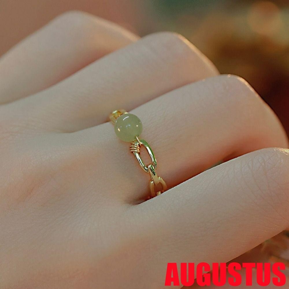 Augustus Hetian แหวนหยกแหวนเครื่องประดับ Elegant Finger Buckle ทองสีเขียวเรขาคณิตหยกลูกปัดแหวน
