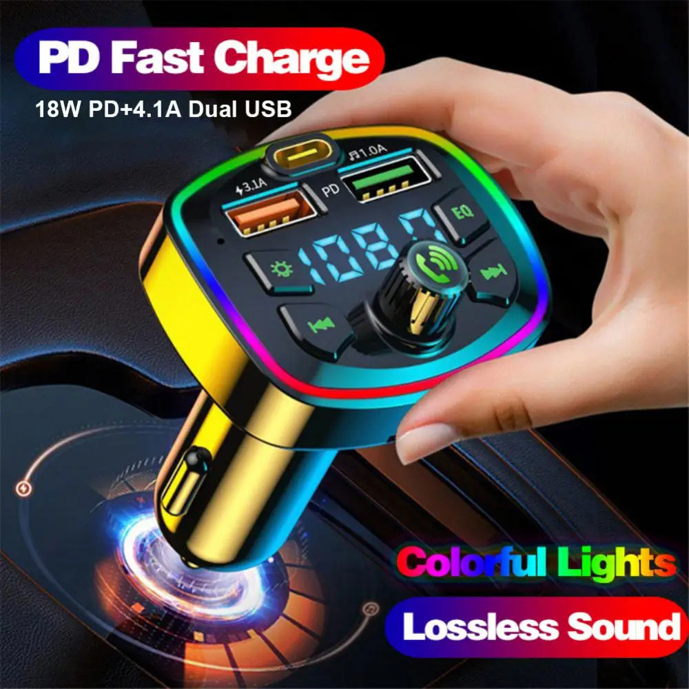 รถบลูทูธ 5.0 เครื่องส่งสัญญาณ FM PD 18W Type-C Dual USB 4.2A Fast Charger LED Backlit บรรยากาศแสง MP3 เครื่องเล่น Lossless เพลง