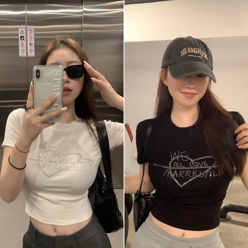 Betty house พร้อมส่ง เสื้อยืดน่ารักผู้หญิง ผ้ายืดสวยสั้น เสื้อครอปแฟชั่น ดีไซน์พิมพ์เพชรร้อน แขนสั้นเซ็กซี่ เหมาะสำหรับทำงานไปเที่ยว