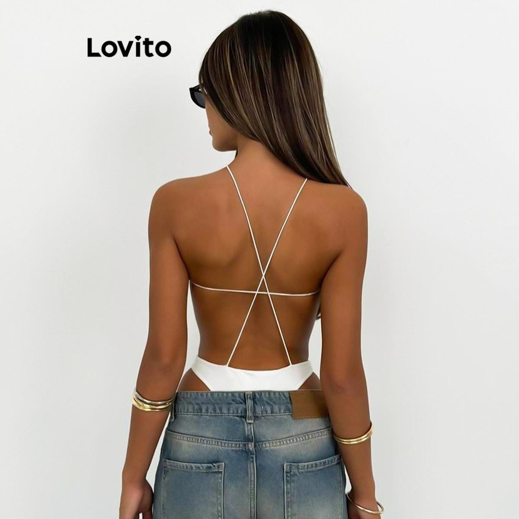 Lovito บอดี้สูทลูกไม้ขึ้นรูปสวยหรูธรรมดาสำหรับผู้หญิง LNL73391