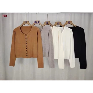 Xiao ฤดูใบไม้ร่วงฤดูหนาว V คอเสื้อกันหนาวผู้หญิงแขนยาวสีทึบ Bottoming Top สั้นด้านนอกเสื้อกันหนาวเสื้อสเวตเตอร์ถัก Checkered I Happy Knit