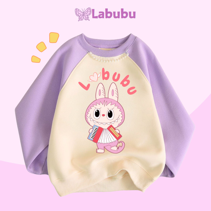 สาว Labubu ฝรั่งเศส Terry OVERSIZE การ์ตูนหวานนุ่ม Contrast สีด้านบนเด็กฤดูใบไม้ร่วงใหม่เสื้อผ้า