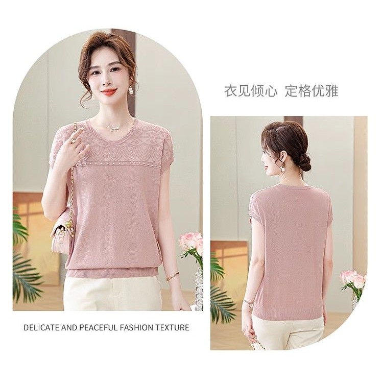 ผ้าไหมน้ําแข็งถักเสื้อขนาดบวกผู้หญิงฤดูร้อนสไตล์เกาหลีหลวมกลวงแขนสั้นเสื้อยืด - รูปที่ 4