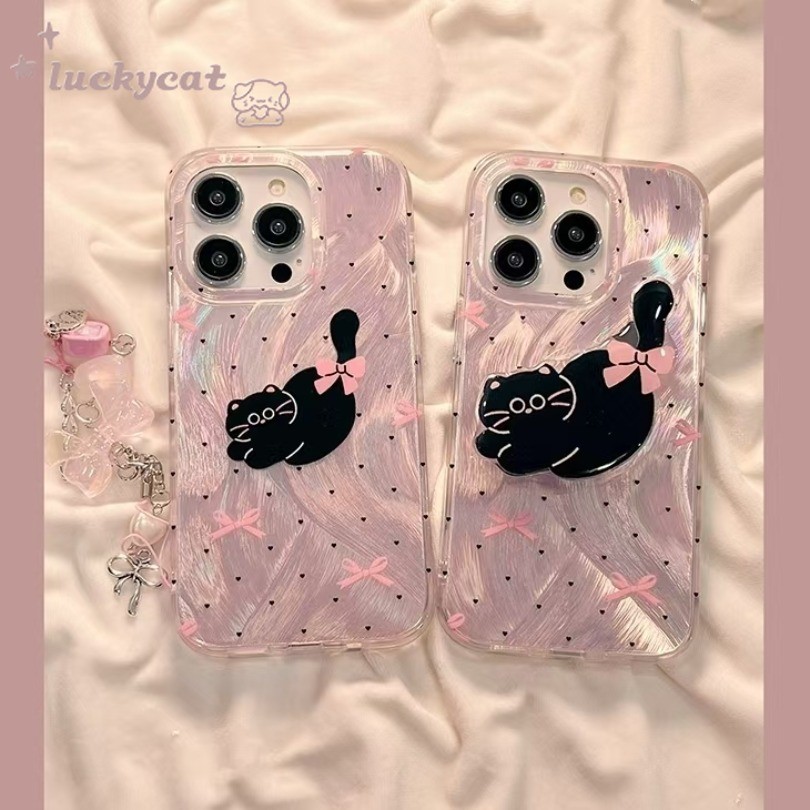 Iphone 15 14 13 12 11 Pro Max X Xr Xs Max 7 8 Plus SE2020 เคสโทรศัพท์หัวใจสาวสดน่ารักโบว์สีชมพูแมวดํา Park เคสโทรศัพท์แบบนุ่ม