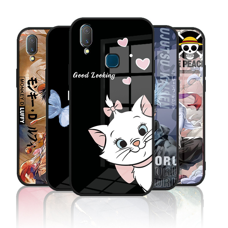 เคสกระจก VIVO 1723 1726 1814 1811 1816 1807 V9 Y85 Y95 Y91 Y91i พร้อมลายนิ้วมือกระจกเทมเปอร์เคสฮาร์ดฝาหลังขอบซิลิคอนอ่อน