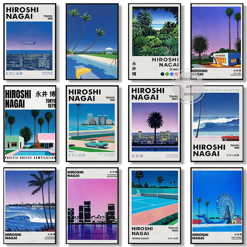 Vintage ญี่ปุ่น 80s Hiroshi Naagi Vaporwave Beach Art โปสเตอร์ผ้าใบสําหรับ Home Room Wall Decor