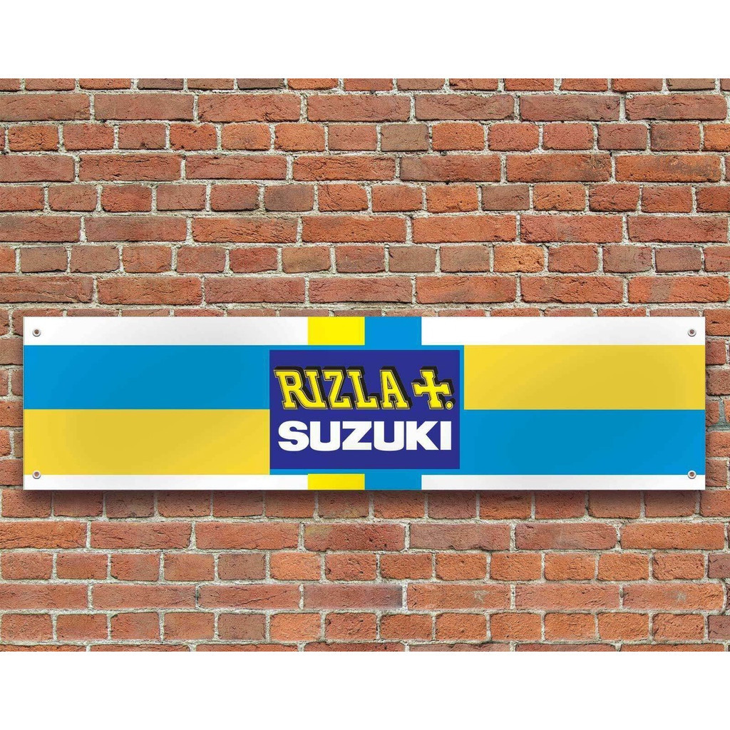 Suzuki Rizla Sponsor สีฟ้าสีเหลือง Vintage โลหะดีบุกป้าย 40*10 ซม.ของขวัญ Wall Art Decor สําหรับห้อง