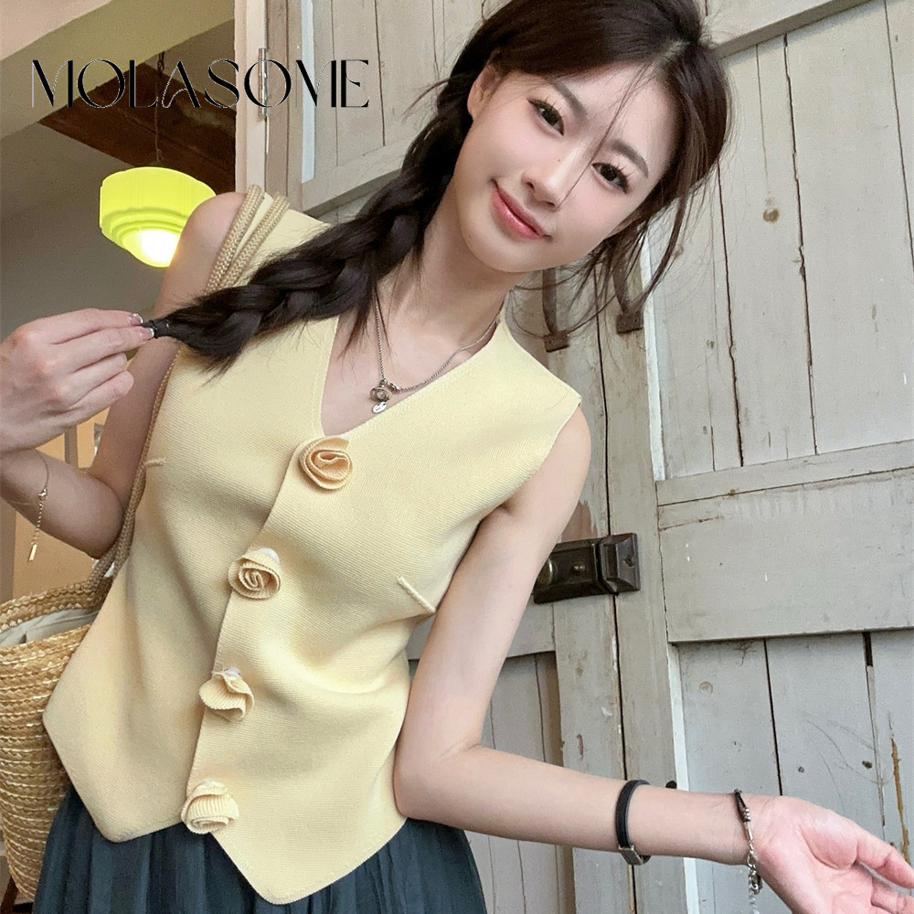 โมลาโซเมะ ผู้หญิง2024แฟชั่นใหม่สีทึบคอวีแขนกุดทุกการแข่งขันเสื้อคาร์ดิแกนลําลอง