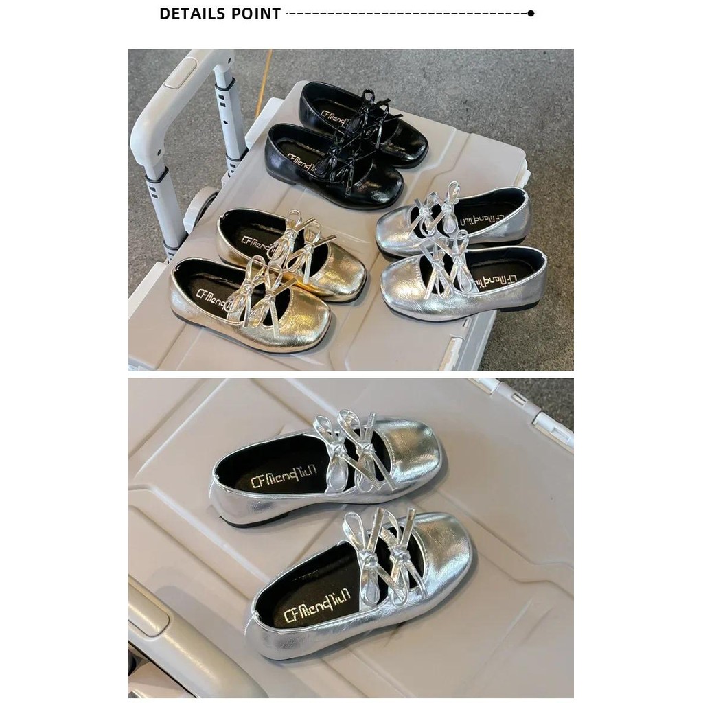 Jogerli Silver Bow เพื่อนร่วมชั้นฤดูใบไม้ผลิฤดูใบไม้ร่วงปากตื้นเด็กรองเท้าหนัง PU หญิงบัลเล่ต์เด็กเล็กเจ้าหญิง Loafer - รูปที่ 5