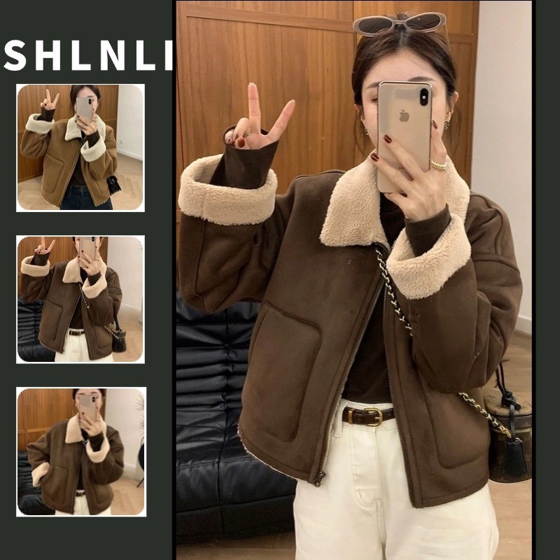 ฤดูใบไม้ร่วงฤดูหนาวผู้หญิงสไตล์เกาหลีย้อนยุคขนหนึ่งชิ้นเสื้อแกะหนาอบอุ่นปกเสื้อรถจักรยานยนต์