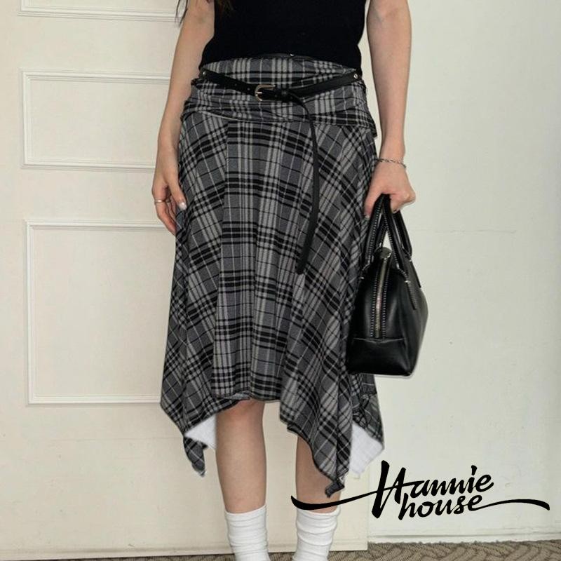Hanie House- กระโปรง Midi เอวสูงพิมพ์ลายลายสก๊อตผู้หญิง A-Line Vintage Irregular Midi กระโปรง