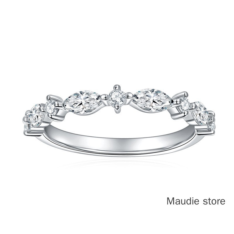 แหวนผู้หญิง Moissanite Diamond จริง Marquess ครึ่ง Eternity S925 แหวน Moissanite