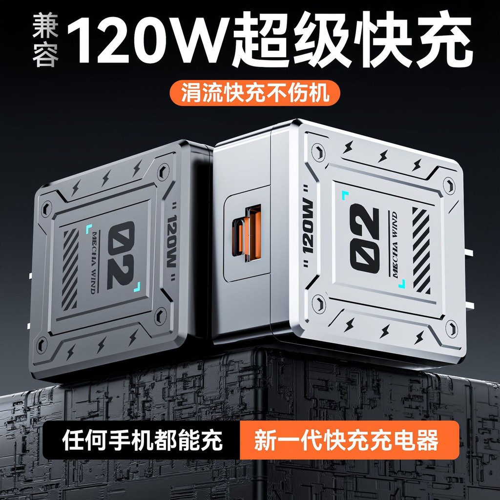 120w Extremely Tough Mecha Super Fast หัวชาร์จ Dual-Port เหมาะสําหรับ Apple Huawei Charge