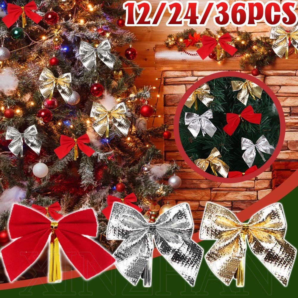 12/24/36 ชิ้นคริสต์มาส Bows เครื่องประดับ - DIY Garland ปัจจุบันอุปกรณ์ - ทองสีแดงเงิน Glitter Ribbons Bowknot - ปีใหม่ตกแต่งบ้านปาร์ตี้ - ต้นคริสต์มาสแขวนตกแต่ง
