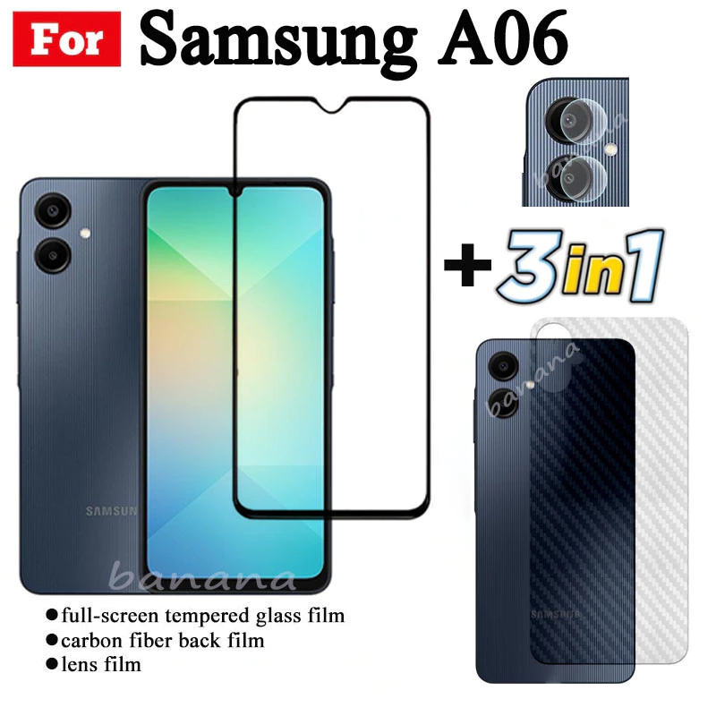 3 IN 1 Samsung A06 ฟิล์มกระจกนิรภัยสําหรับ Samsung Galaxy A06 A 06 คลุมทั้งหมดป้องกันหน้าจอกระจก + ฟิล์มเลนส์กล้อง + ฟิล์มด้านหลัง
