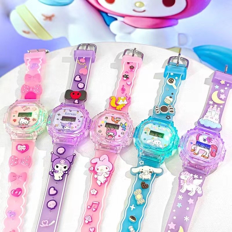 Sanrio Kuromi นาฬิกา Led สําหรับเด็กเด็กผู้หญิงการ์ตูนน่ารัก Melody Light เพลงคุณภาพสูงนาฬิกาดิจิตอลสําหรับเด็กของขวัญวันเกิด