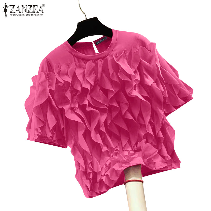 Zanzea เสื้อเบลาส์คอกลมแขนสั้นแฟชั่นเกาหลีสําหรับผู้หญิง