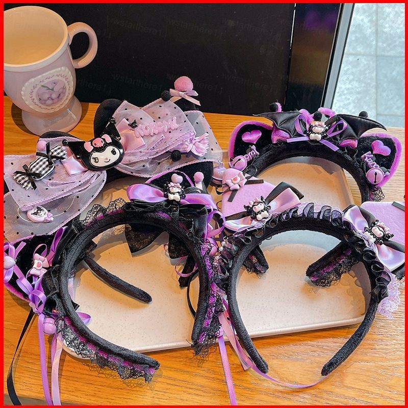 Jason Sanrio Kuromi การ์ตูนเด็ก Hairband ที่คาดผมสีม่วงสาว Anti slip ตาข่ายโบว์หวาน Hairband แฟชั่นแถบคาดศีรษะ