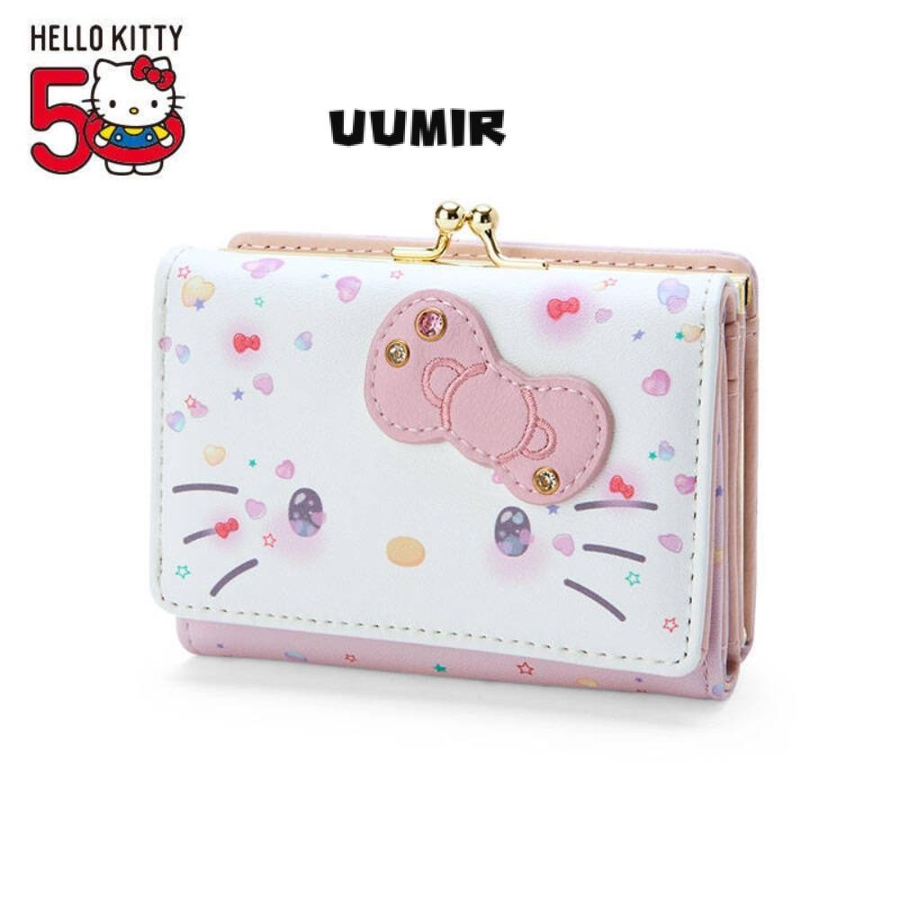UUMIR กระเป๋า Sanrio Hello Kitty, ของขวัญวันเกิดแฟชั่นลําลองกระเป๋าสตางค์หนัง PU, น่ารักกระเป๋าบัตรพับ