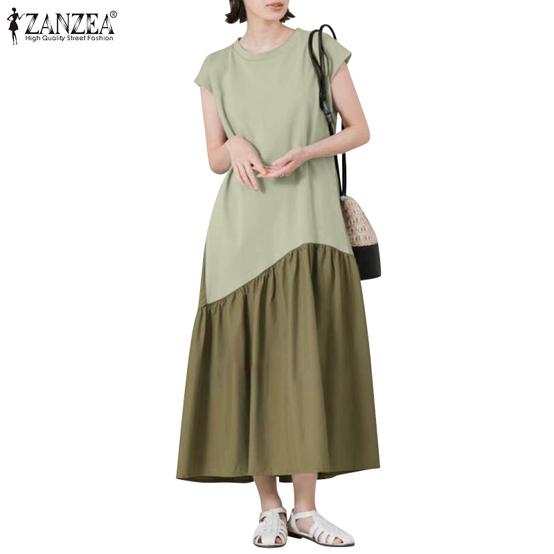 Zanzea ชุดเดรสแขนสั้น A-Line แฟชั่นเกาหลีสําหรับผู้หญิง