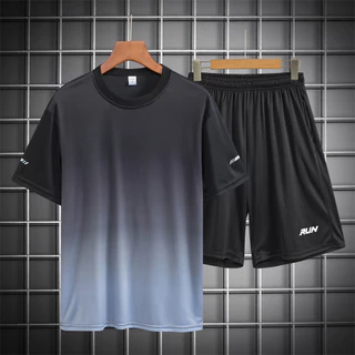 ชุดกีฬา 2 ชิ้น ชุดกีฬา เสื้อยืด+กางเกงขาสั้น ผ้าเบา Run เสื้อยืดคอกลมสีพื้น ชุดกีฬาผู้ชาย ชุดวิ่ง