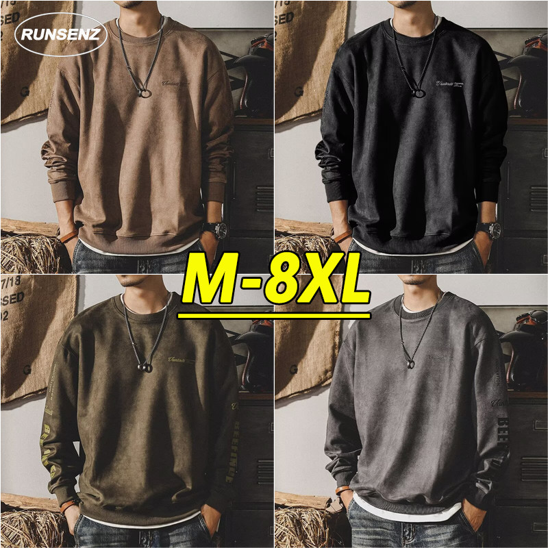 M-8xl เกาหลีแฟชั่น Suede เสื้อกันหนาวผู้ชาย Plus ขนาด Casual หลวมแขนยาว Oversize Tee