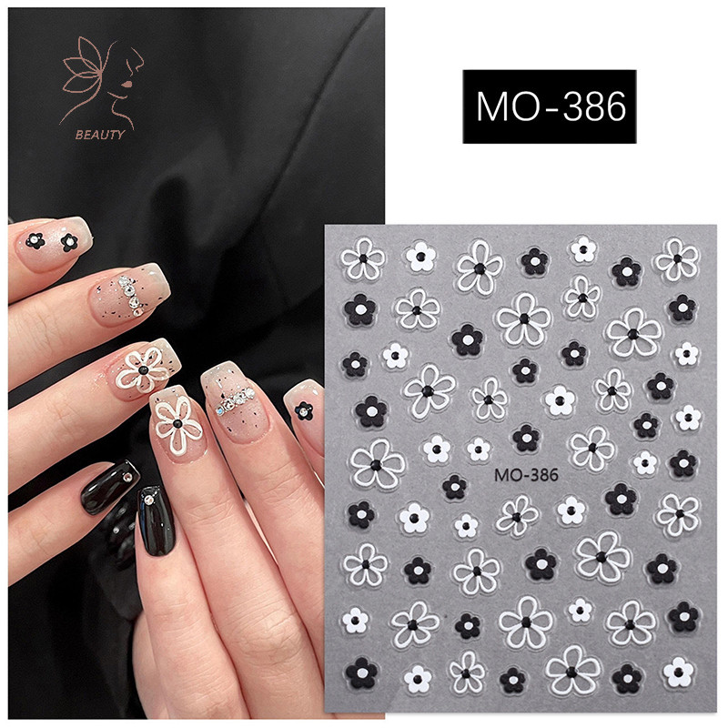 [maybeauty] Blossom 3D สติ๊กเกอร์ติดเล็บสีขาวสีดํากลีบดอกไม้เล็บ Decals Elegant งานแต่งงานออกแบบฤดูใบไม้ผลิดอกไม้เล็บ Slider Decor {TH}