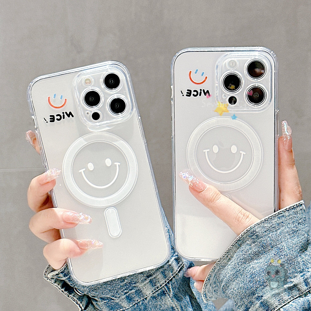 Happy Smile Lines High-end สไตล์แม่เหล็กโปร่งใสเคสโทรศัพท์สําหรับ iPhone 11 12 13 14 15 Pro Xr X Xs Max 7 8 Plus INS แฟชั่นเรียบง่ายเกาหลี Soft TPU ฝาครอบป้องกัน