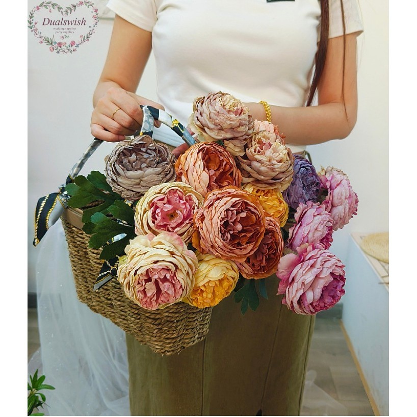 Dualswish ดอกไม้ประดิษฐ์เดี่ยว Burnt Edge ชา Rose Peony ขอบย่าง ผ้าไหมดอกไม้ฤดูใบไม้ร่วง ตกแต่งหัวผมและห้องนั่งเล่น
