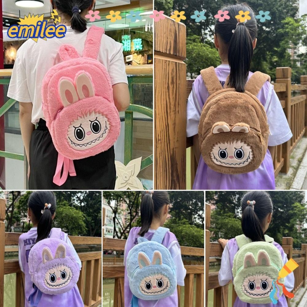 Emilee Labubu Plush Backpack, กระเป๋านักเรียนความจุขนาดใหญ่ กระเป๋าเป้นักเรียน, กระเป๋าสะพายการ์ตูน