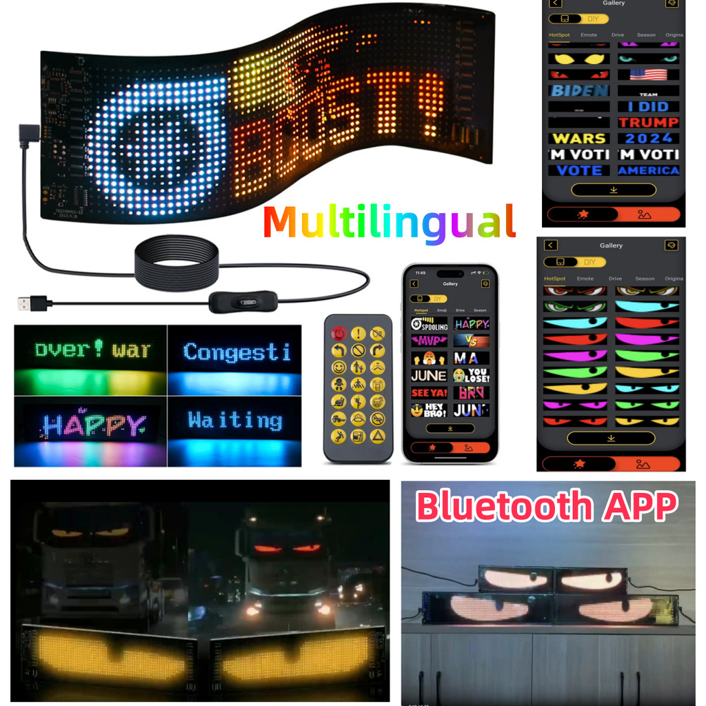 5v USB LED Matrix Pixel แผง, DIY Multilingual Scrolling Bright โฆษณาป้าย LED, ยืดหยุ่น LED รถบาร์ป้ายบลูทูธ App รีโมทคอนโทรลรถบรรทุกสัญญาณตาปีศาจ Light