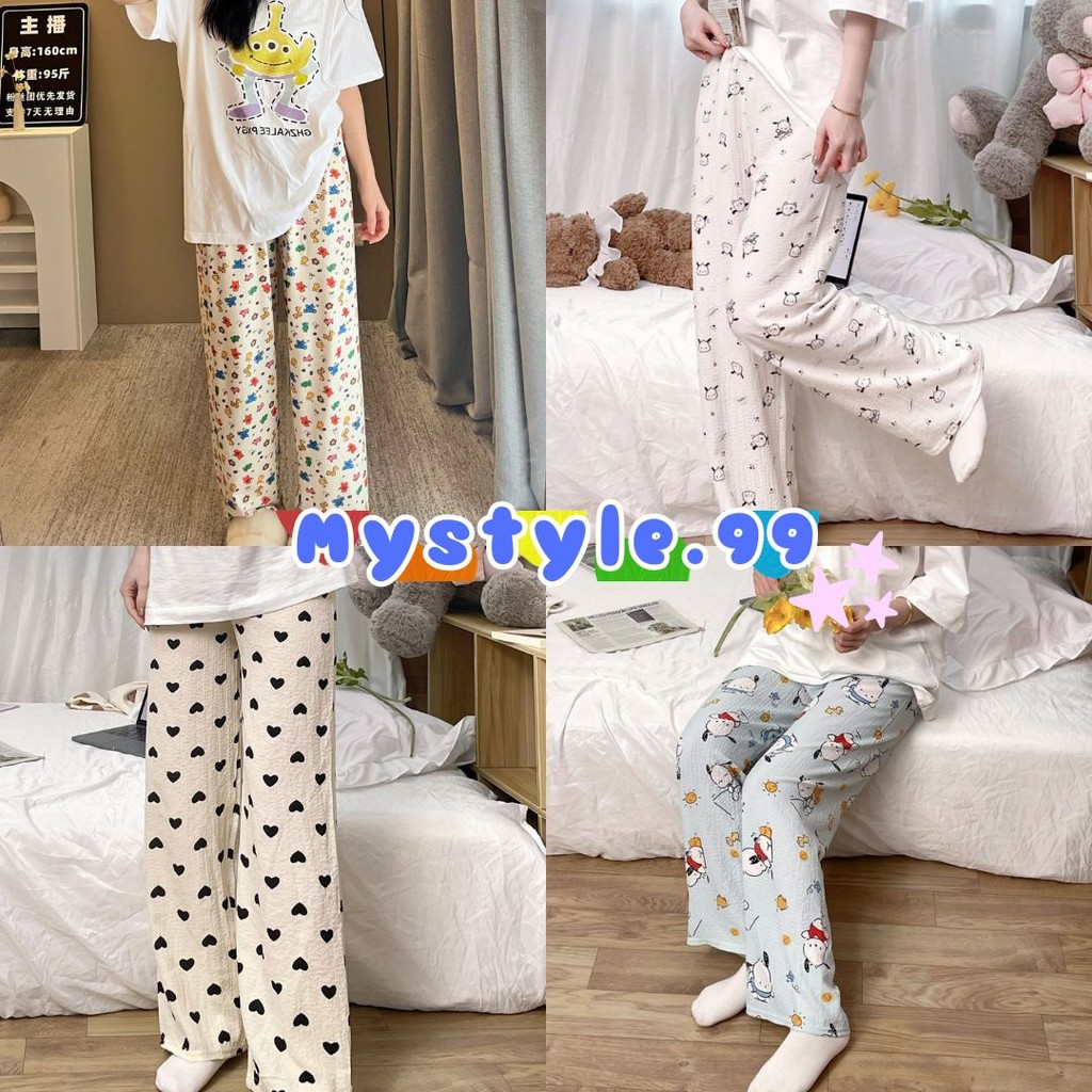 mystyle.99 กางเกงนอนขายาวผู้หญิง พิมพ์ลายการ์ตูนสัตว์ ทรงหลวม ใส่สบาย #374