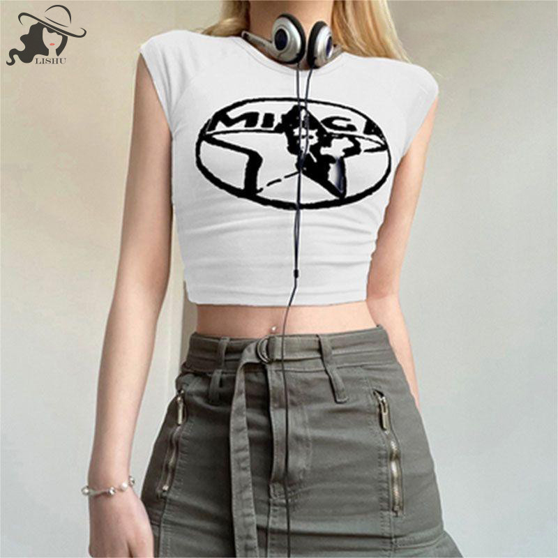 Lishu ฤดูร้อน American Retro Star พิมพ์เสื้อยืดผู้หญิงรอบคอแขนสั้น Crop Top th
