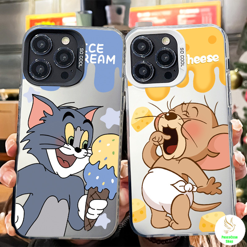 COD-ในไทย เคสน่ารัก ลูกแมวและหนู กินไอศครีม สําหรับ iPhone 7 8 X 11 12 13 14 15เปลือกแข็งสีเงิน กันกระแทก พื้นหลังสี