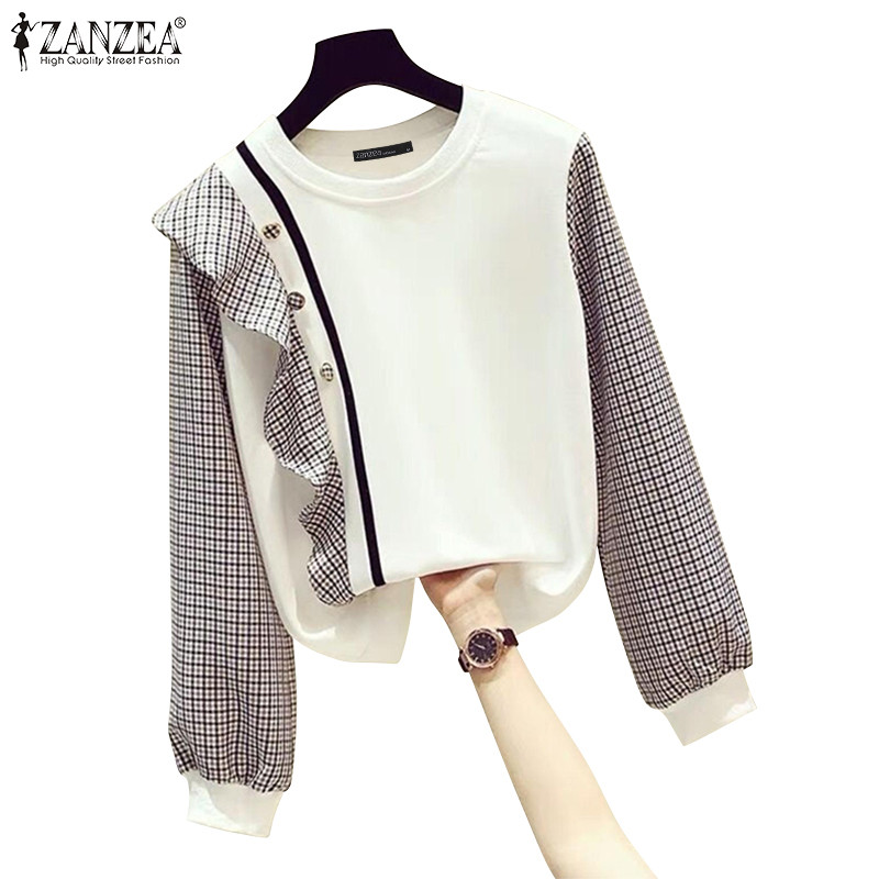 Zanzea เสื้อสเวตเตอร์แขนยาวลายตารางหมากรุกลําลองสําหรับผู้หญิงเกาหลี