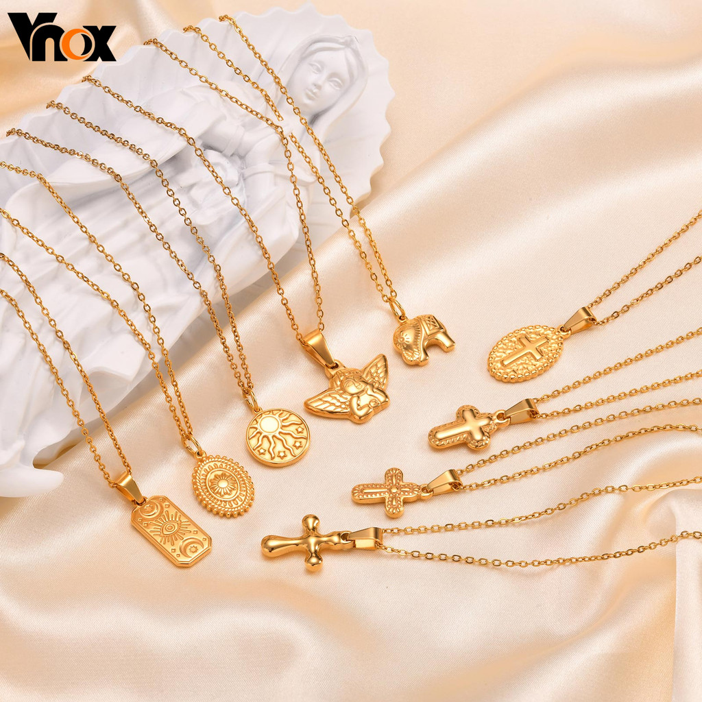 Vnox Vintage Christian Jesus Cross สร้อยคอผู้หญิงสาว,Angels ดาวดวงจันทร์สวดมนต์ Baptism Chain Link ของขวัญ