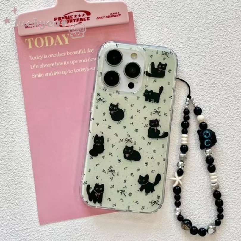 Iphone 16 15 14 13 12 11 Pro Max X Xr Xs Max 7 8 Plus SE2020 เคสโทรศัพท์บุคลิกภาพโบว์สีดําสนุกลายแมวสีดํา + Lanyard Clear Soft ฝาหลัง