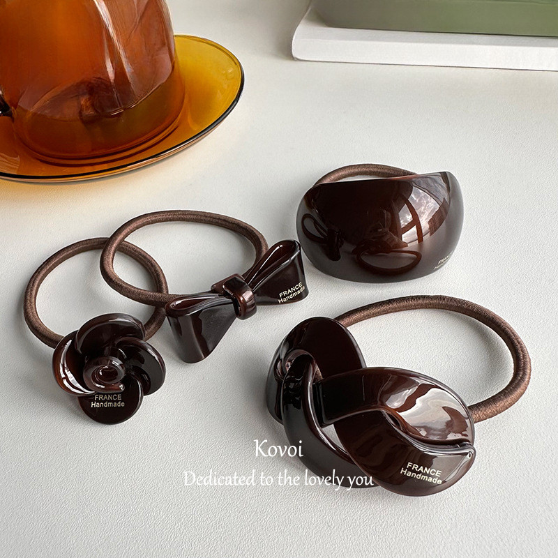 Kovoi/nishe Classy Chocolate Color Series Gold Label Twist Arc Bow Hair Tie ผม Tie
