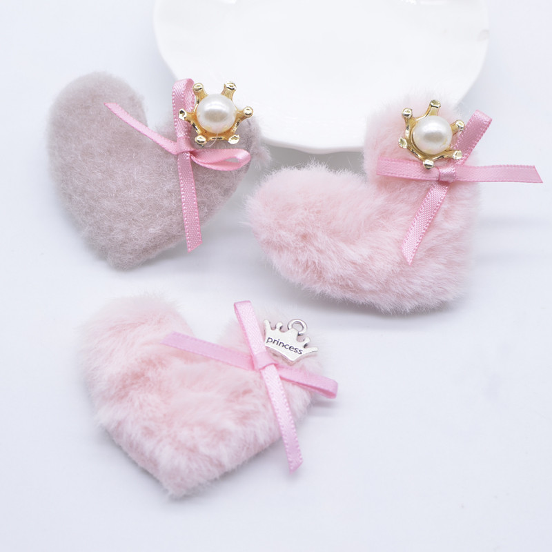 10 ชิ้น 50*45 มม.เบาะ Plush Heart โบว์มงกุฎ Appliques สําหรับ DIY เสื้อผ้าหมวกกางเกงขายาว Headwear รองเท้าเย็บแพทช์