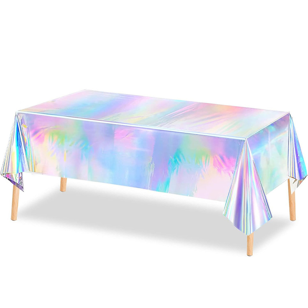Iridescence ผ้าปูโต๊ะพลาสติกผ้าปูโต๊ะเลเซอร์แบบใช้แล้วทิ้ง Holographic ฟอยล์สี่เหลี่ยมผืนผ้าตารางครอบคลุมวันเกิด Disco Bachelorette เจ้าสาวงานแต่งงาน Rainbow I