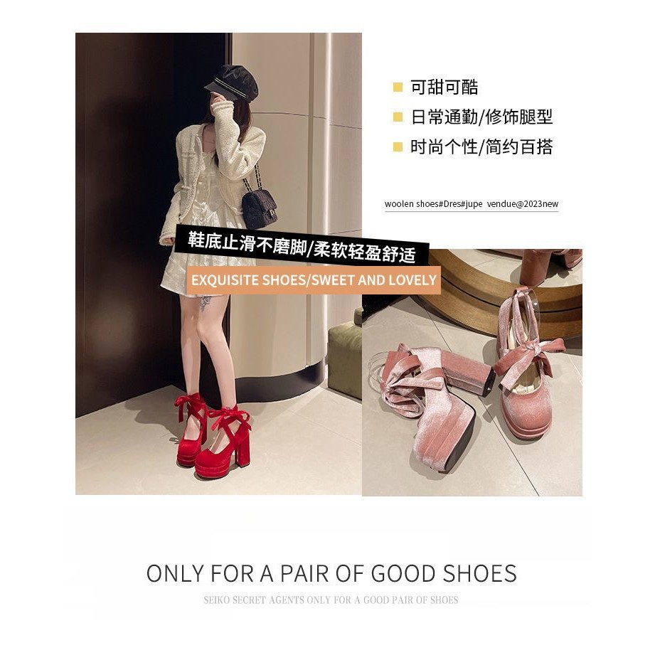 High- Heel Jean รองเท้าฤดูใบไม้ผลิฤดูใบไม้ร่วง 2024 สไตล์ใหม่สีชมพูสไตล์ใหม่แฟชั่นส้นรองเท้าภาษาฝรั่งเศสคํารองเท้าแต่งงาน Retro ส้นหนา Soled Jean รองเท้า