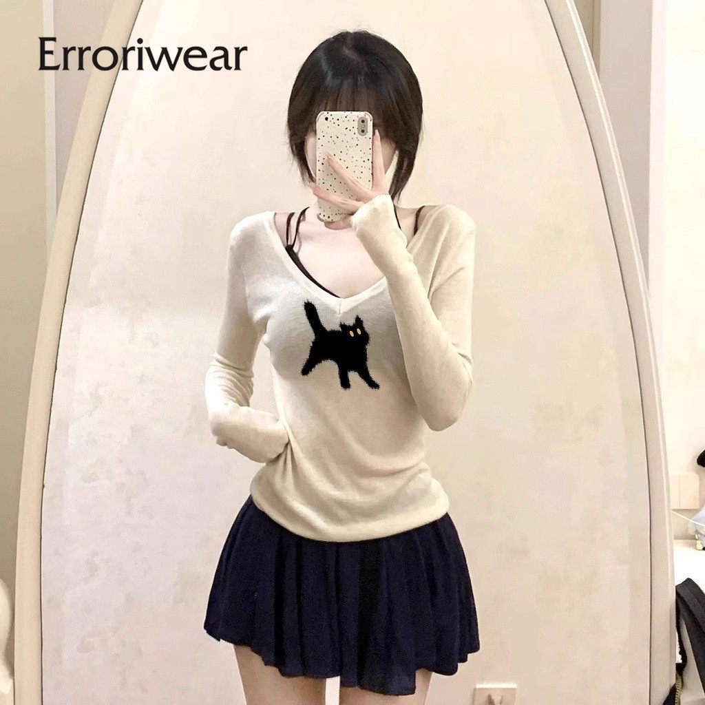 Erroriwear เสื้อคาร์ดิแกนถัก แขนยาว คอวี ทรงสลิมฟิต สําหรับผู้หญิง 2023