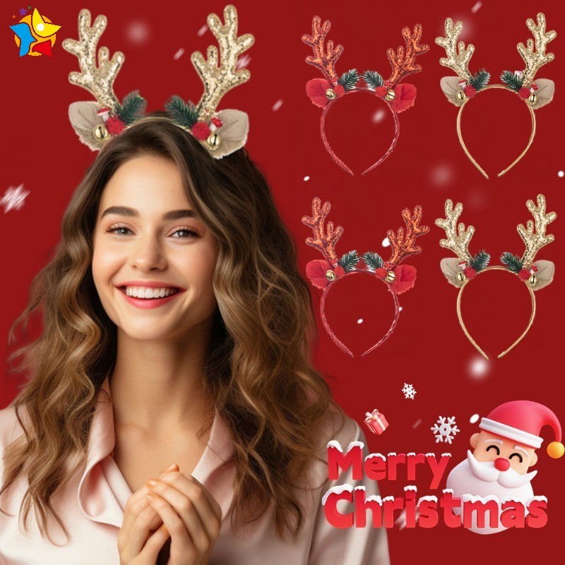 Christmas Series Antlers Hair Band Gold Red Elk Horn Bell เลื่อมแถบคาดศีรษะผู้ใหญ่เด็ก Xmas Decor ปีใหม่ปาร์ตี้ผม Hoop Headwear