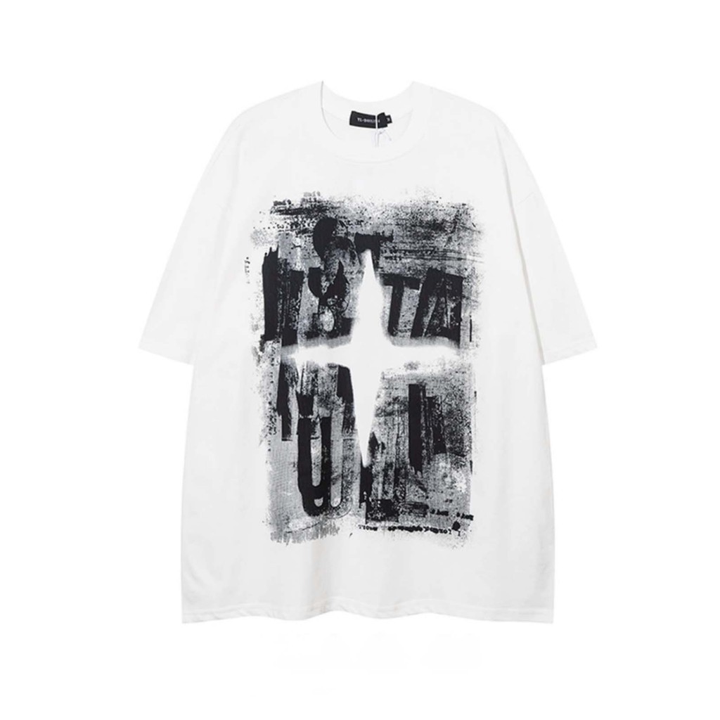(จัดส่งตลอด 24 ชั่วโมง)Woo Rig Unisex สไตล์อเมริกันวินเทจเสื้อยืดขนาดใหญ่พิมพ์ผู้ชาย กราฟิก สีดําสีขาว1 HY