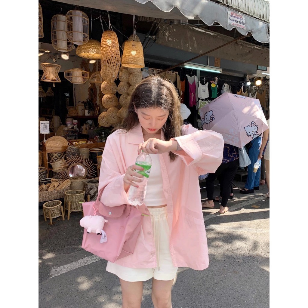 PKB2001 เสื้อเชิ้ตแขนยาวคอปกสีชมพูสไตล์เกาหลีน่ารักๆ สําหรับผู้หญิง free size อก46 ใส่คลุมใส่เที่ยวไ