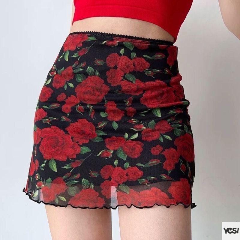 Red Rose พิมพ์กระโปรงสั้นกระโปรงเอวสูงกระโปรงผู้หญิงเซ็กซี่สะโพกห่อกระโปรง YES