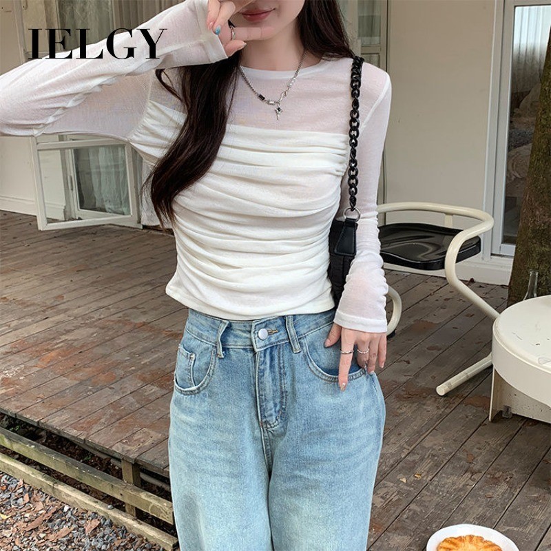 IELGY เสื้อยืดแขนยาวตาข่ายผู้หญิงบางสั้นด้านบน