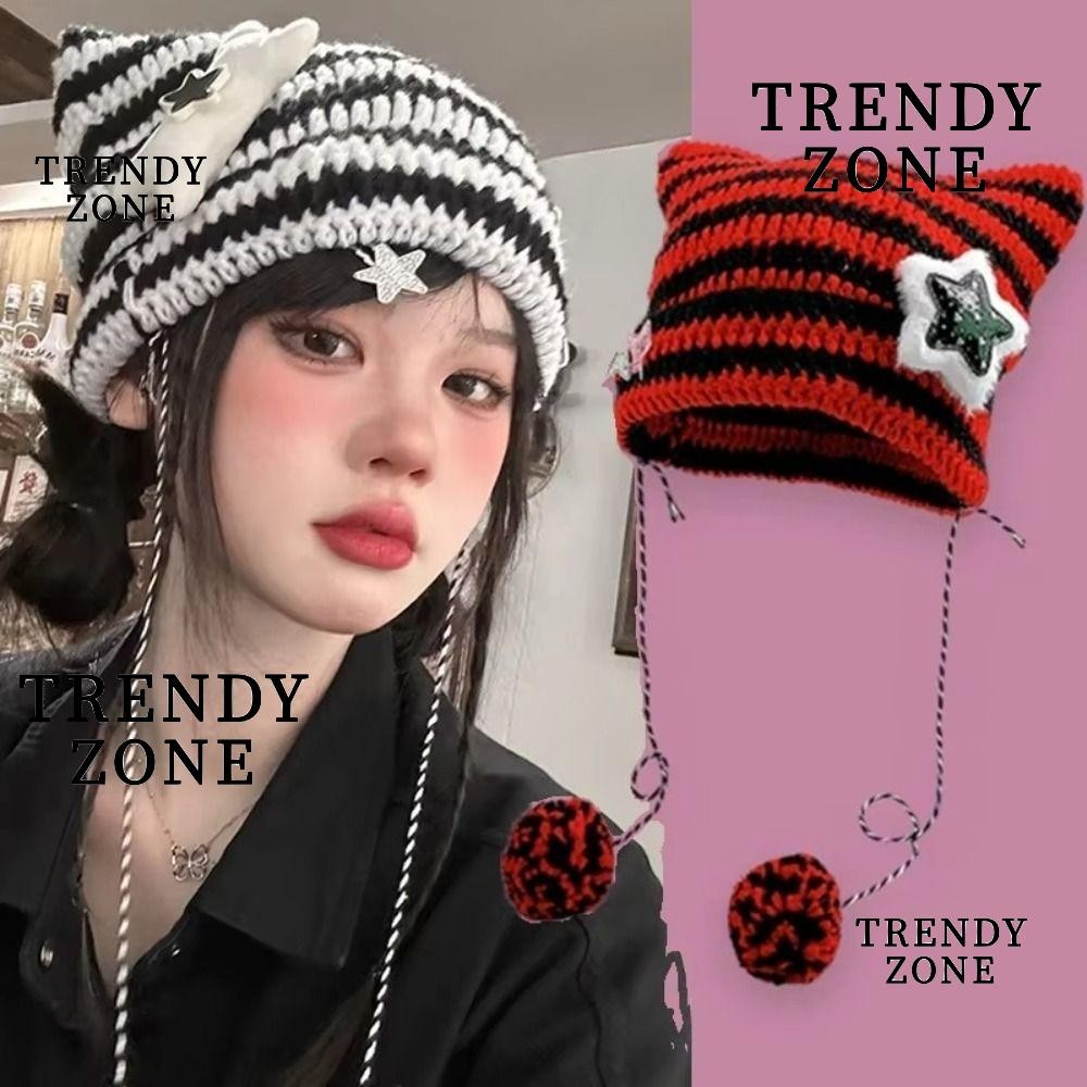 Trendyzone Y2K หมวกบีนนี่, Y2K น่ารักลาย Star Devil หมวก, หูชี้เสื้อสวมหัวถักหมวกขนสัตว์ฤดูใบไม้ร่วงฤดูหนาว