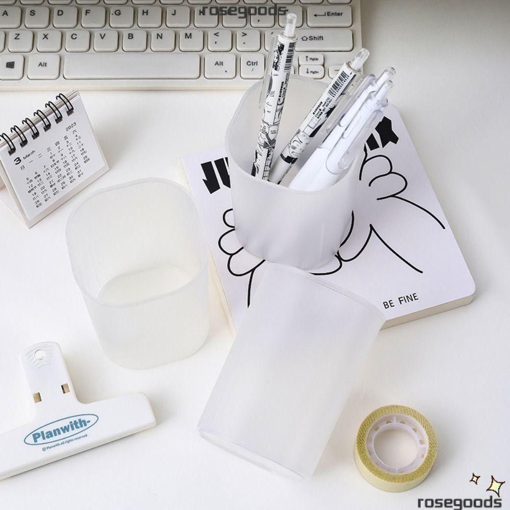 Rose ที่ใส่ปากกา 1 ชิ้น, ที่วางแปรง ที่ใส่ดินสอ Frosted, อุปกรณ์นักเรียนขนาดเล็ก พลาสติก Desk Organizer กล่องเก็บเครื่องสําอาง